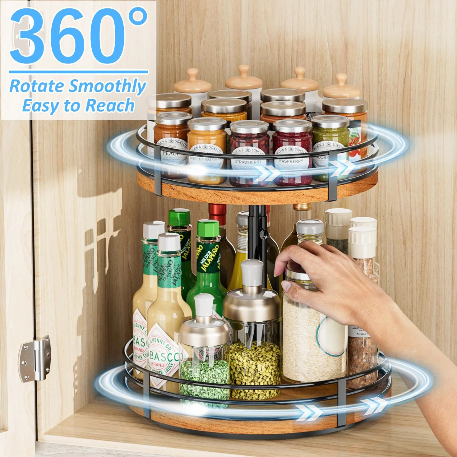 Lazy Susan obrotowy organizer, regulowany, 2-poziomowy drewniany obrotowy stojak na przyprawy, 30 cm, Lazy Susan, do kuchni, szafki, spiżarni, łazienki, kawiarni, baru, przechowywania w domu