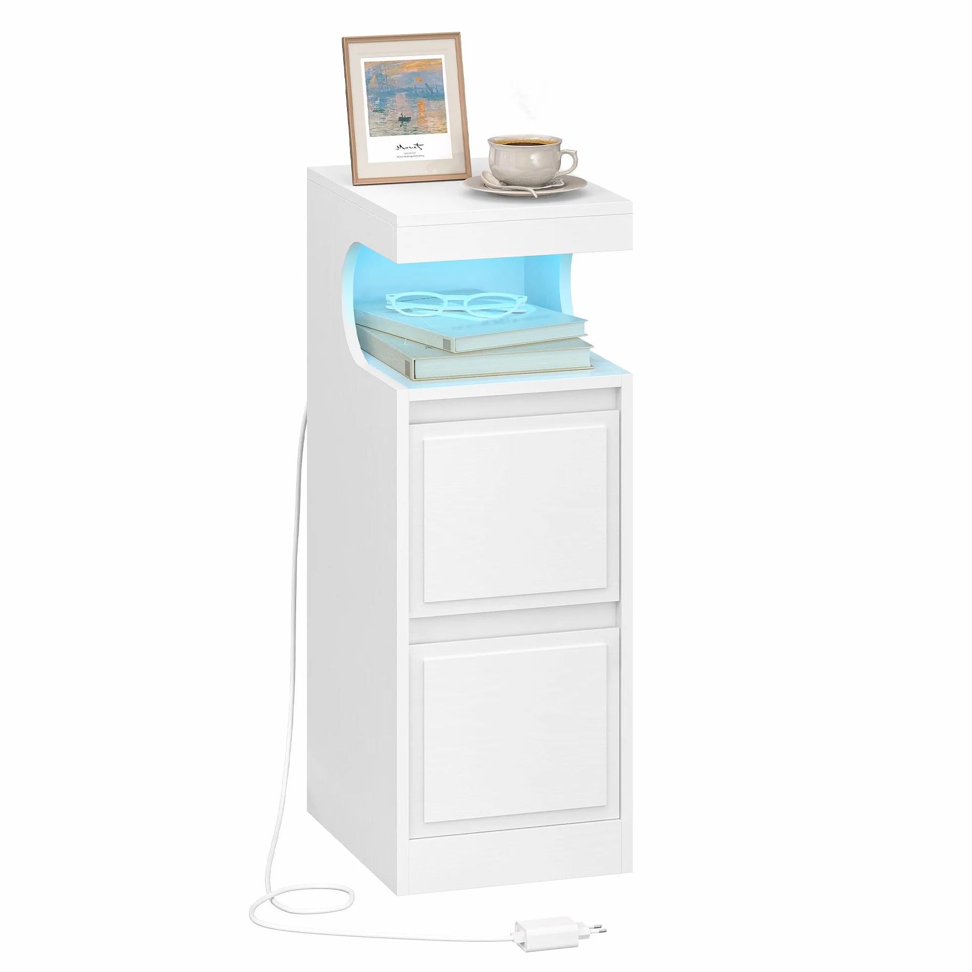 Hzuaneri Stolik Nocny z LED, Stolik Nocny z 2 Szufladami, Stolika Nocnego z otwartą Komorą w kształcie Litery U, Regulowane oświetlenie, do Sypialni, Salonu, 30 x 24 x 65 cm Biały NS39113X
