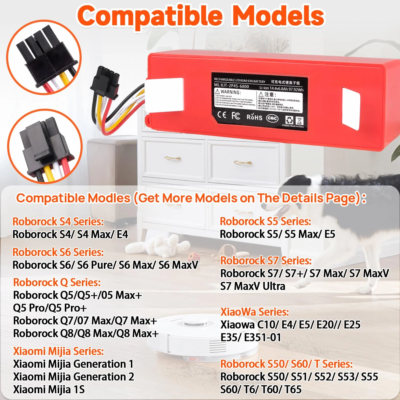 Bateria 6800 mAh kompatybilna z Roborock S5 S50 S51 S55 S6 S7 Max/MaxV/MaxV Ultra/Pure Xiaowa E20 E25 E35, Roborock Q5 Q7 Pro/Max+, Mijia 1. i 2. generacji