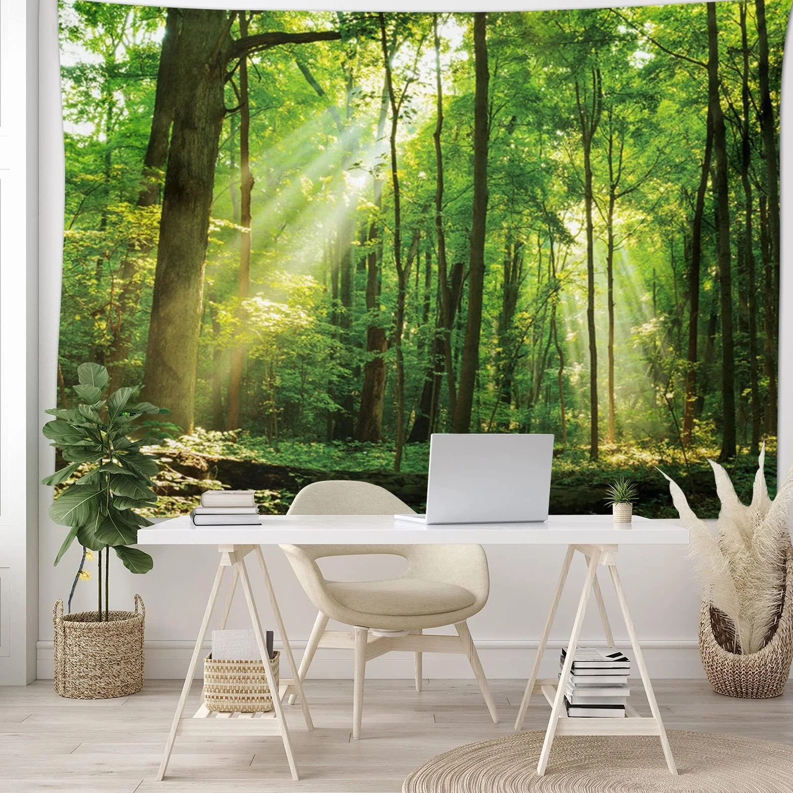 Skcess Dywan ścienny z motywem lasu, 200 x 200 cm, dekoracja ścienna, zielony, dywan ścienny, motyw drzewa, wschodu słońca, gobelin, dżungla, krajobraz, chusta na ścianę