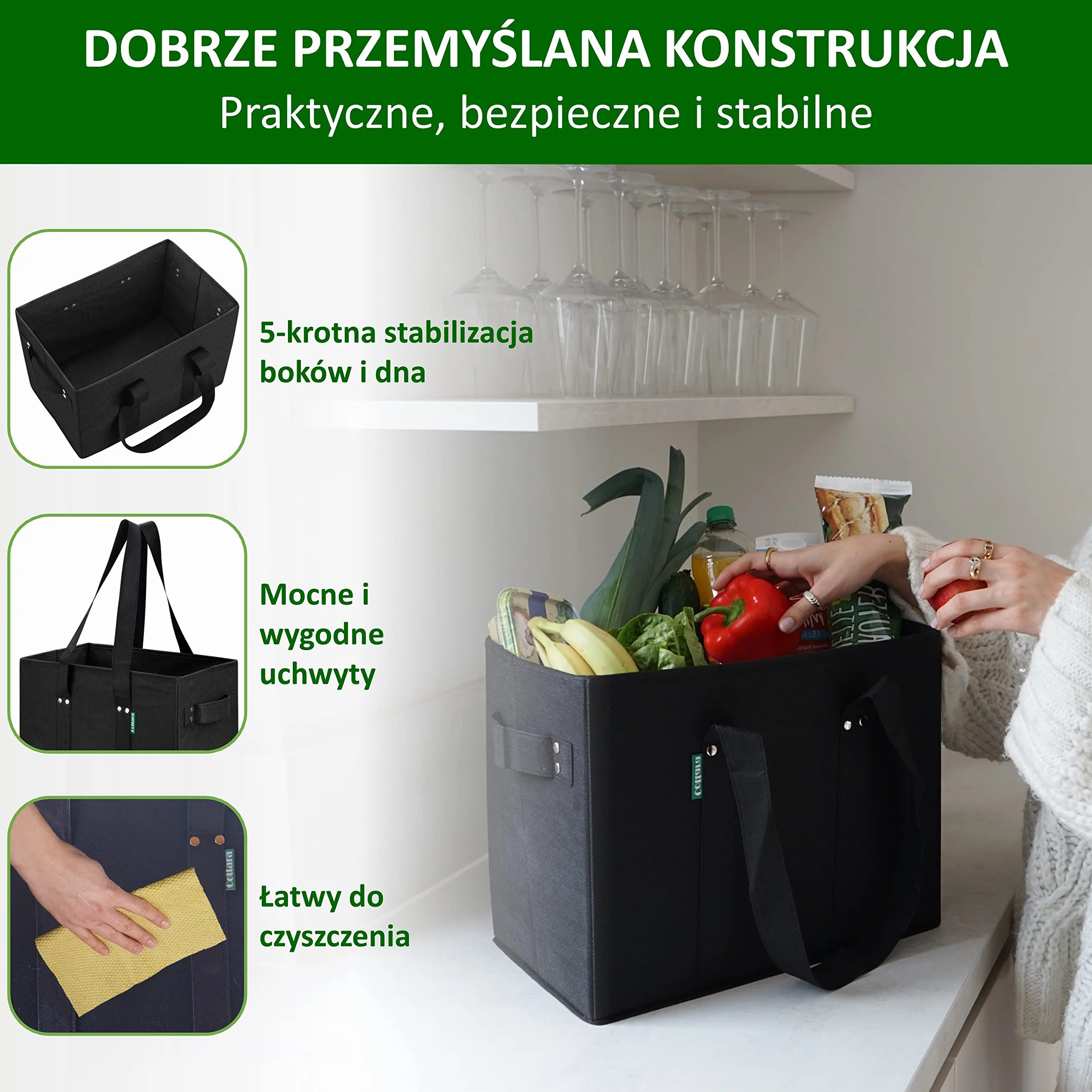 COTTARA Torba na zakupy składana 3 sztuki kosz wielokrotnego użytku 38x23x31 cm szara