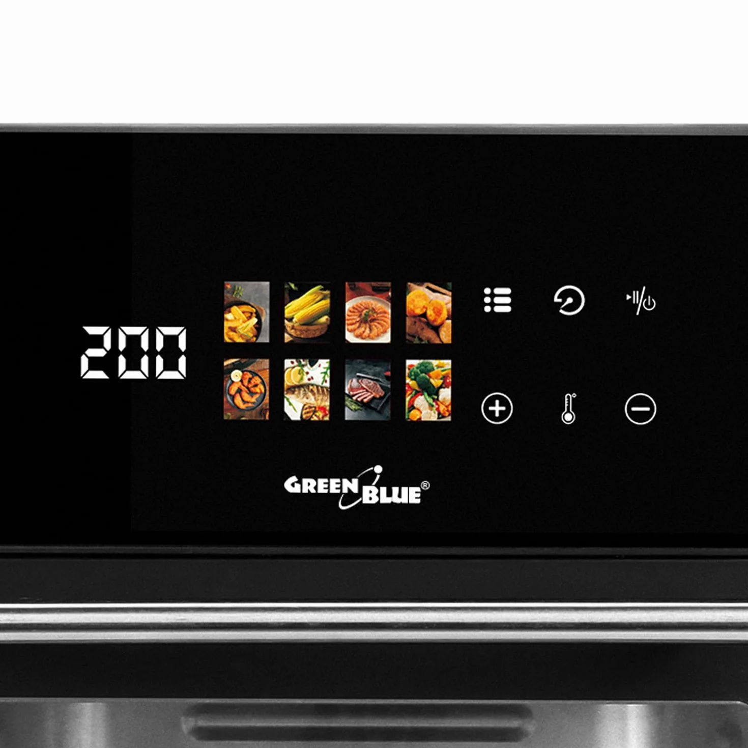 GreenBlue GB950 Frytkownica bezolejowa, pojemność 10 l, moc 1800 W, okienko podglądu, 8 programów, zakres temperatur 70–200 °C, 60-minutowy timer, panel dotykowy LED, akcesoria: kosz, miski, czarna