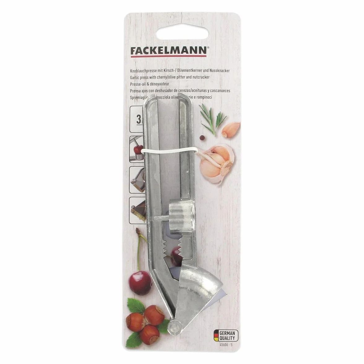 Fackelmann Prasa do czosnku z oliwek z aluminium, srebrna, 15,5 x 7,8 x 3 cm