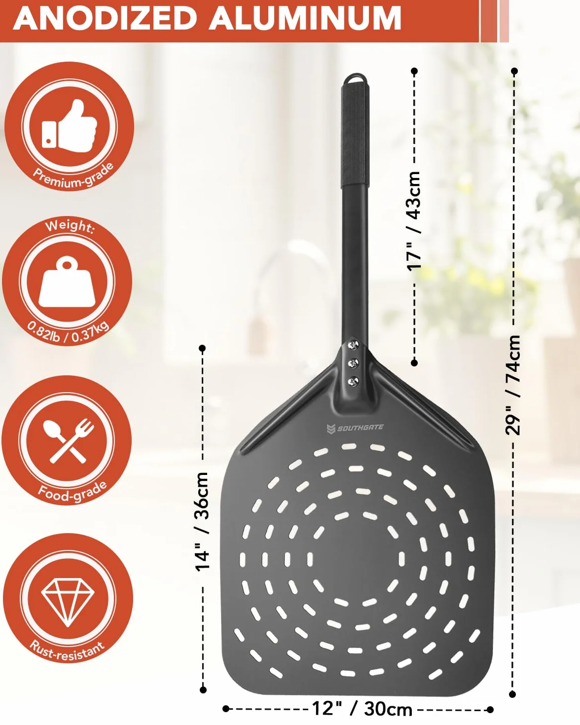 SOUTHGATE Łopatka do pizzy 30 cm (12 cali), perforowana łopata do pizzy z anodyzowanego aluminium, z silikonowym zdejmowanym uchwytem, łopatka do pizzy do chleba pizzy, 30 x 35 cm