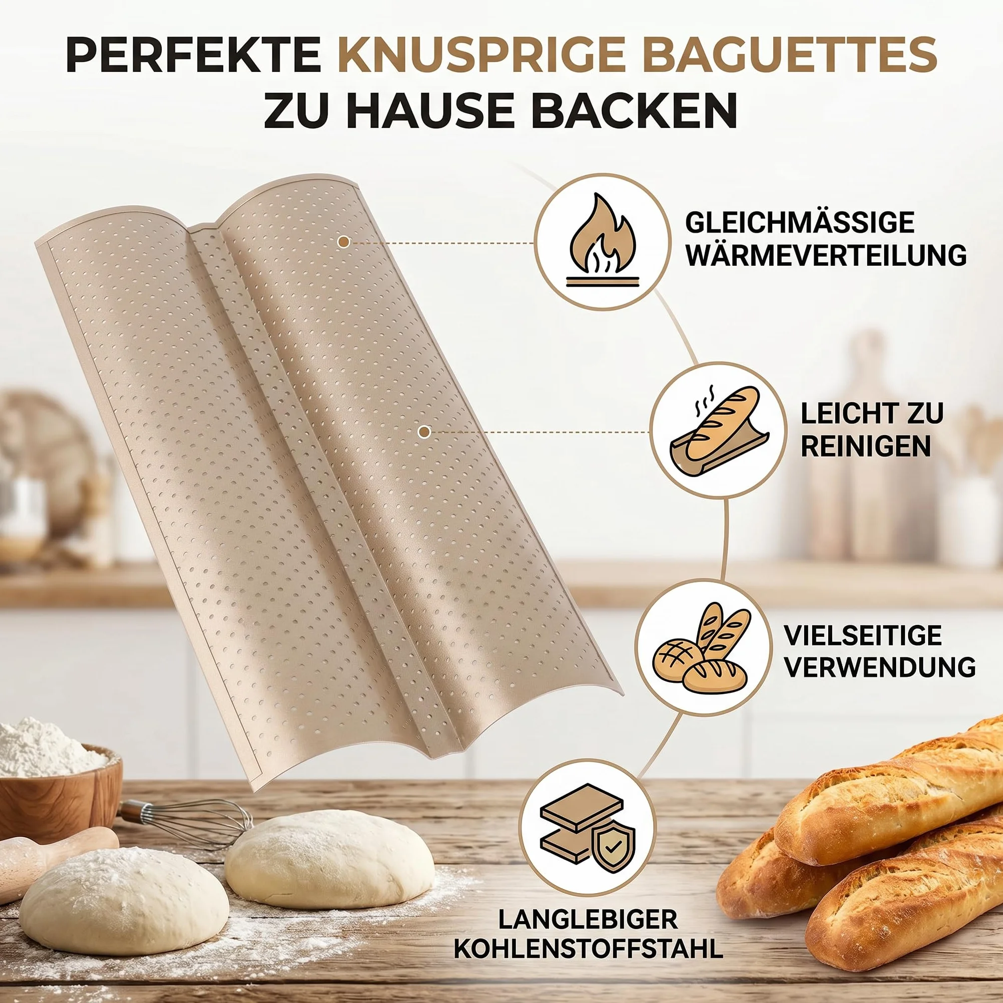 Forma do Pieczenia Bagietek, Nieprzywierająca Powłoka, Stal, Uniwersalna Pęseta do Pieczywa