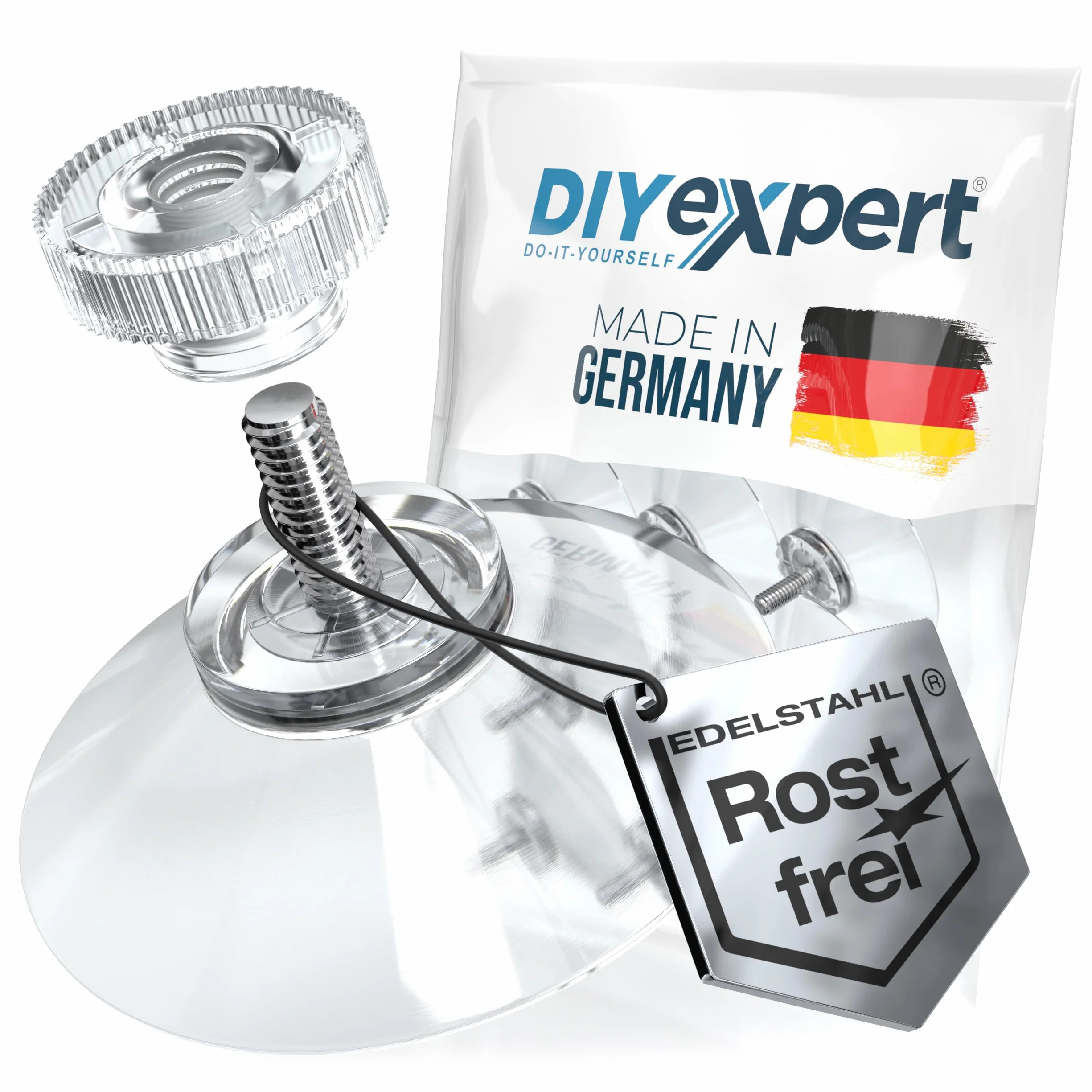 DIYexpert® 4 x przyssawka Ø 50 mm, z gwintem M4 x 10 mm, w zestawie nakrętki radełkowane przezroczyste - wyprodukowano w Niemczech