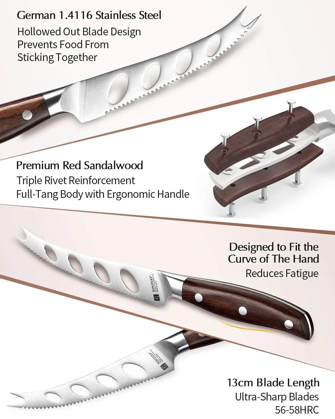XINZUO 13 cm niemiecki nóż do sera z stali nierdzewnej 1,4116, ząbkowane ostrze i nieprzywierające - do sera, masła, owoców i chleba - Red Sandalwood Full Tang Series