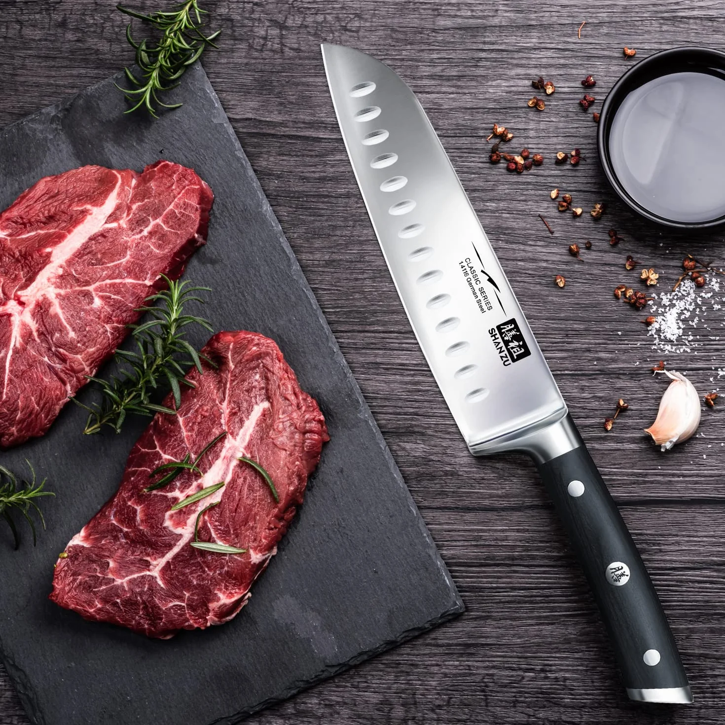 SHAN ZU nóż Santoku 18 cm niemieckie noże ze stali nierdzewnej o wysokiej zawartości węgla - seria klasyczna…