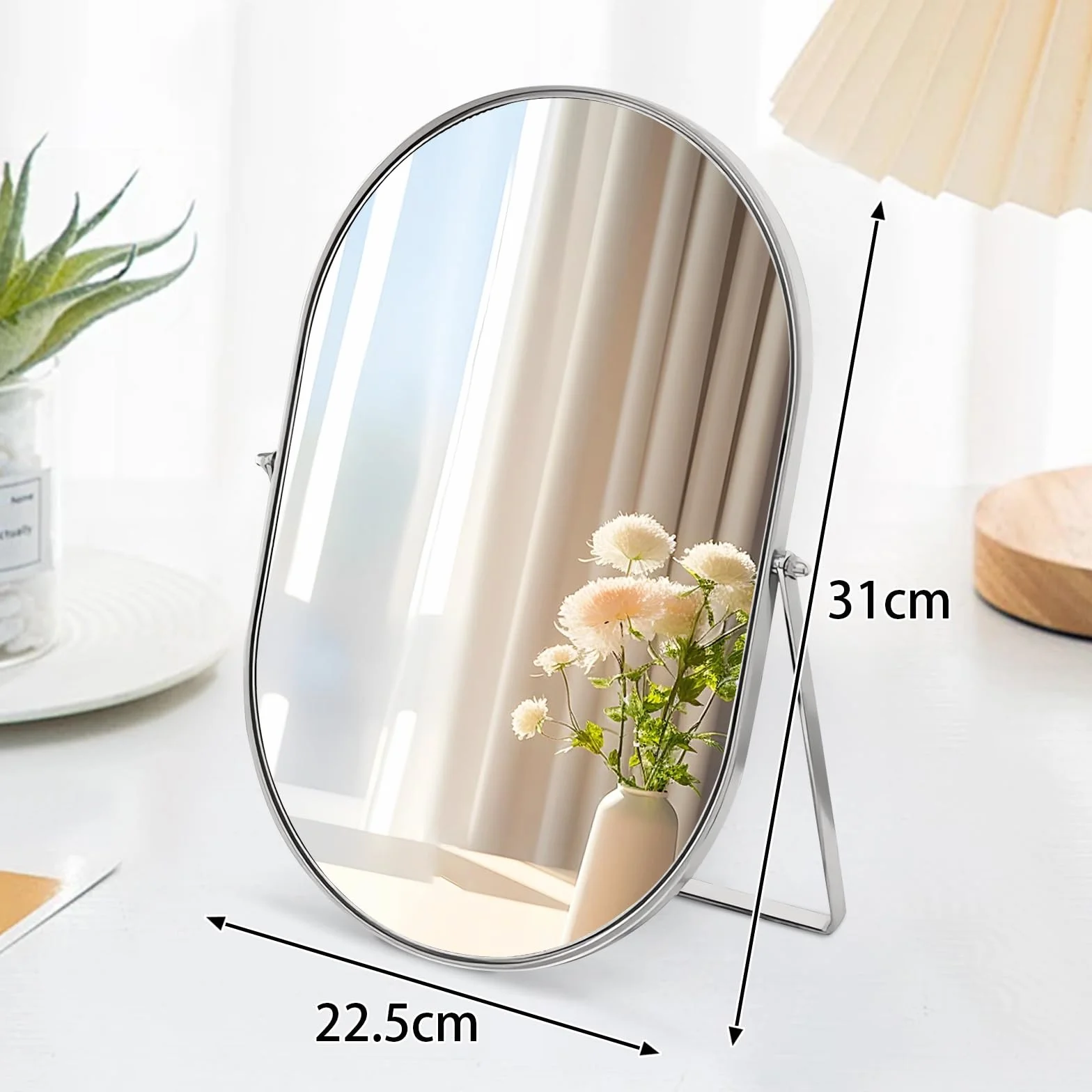 Lustro stołowe, 90 ° obracane owalne lustro do makijażu, metalowe ramki lusterka stołowe, srebrne przenośne lusterka o wysokiej rozdzielczości na blat toaletka salon