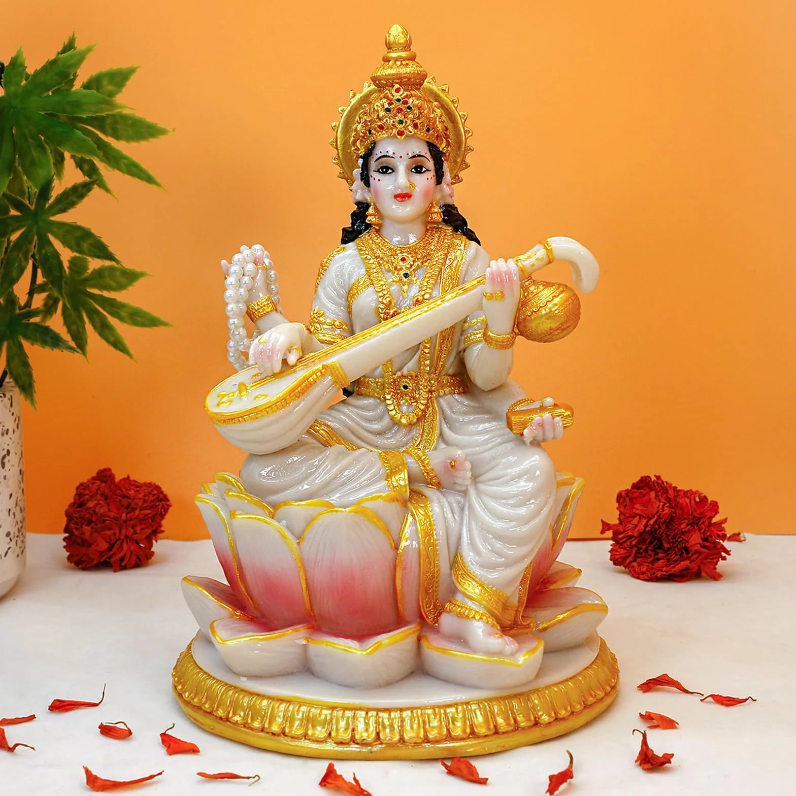 Hinduska bogini Saraswati statua - 21 cm H marmur wygląd duży indyjski idol Saraswati figurka Indie Diwali Murti Pooja rzeźba dom biuro świątynia Mandir Puja przedmiot ołtarz świątynia duchowa