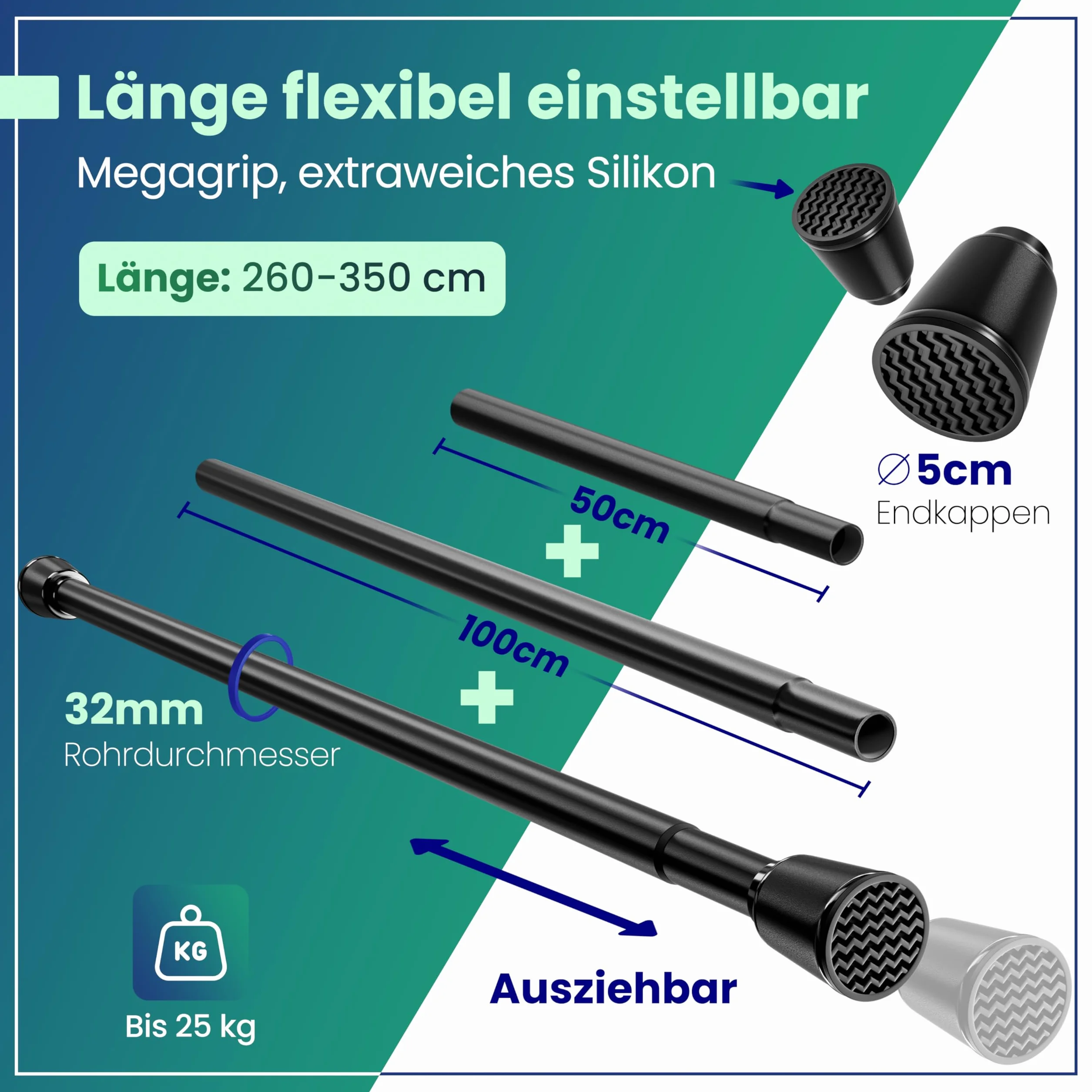 LOBUX Karnisz teleskopowy czarny 260-350 cm drążek zaciskowy
