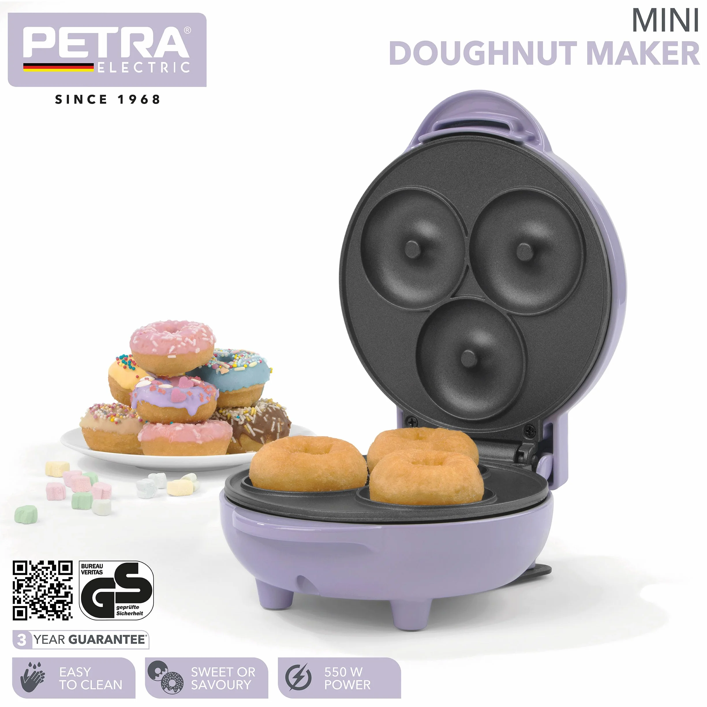 Petra PT4698PPVDEEU7 Opiekacz do minipaczków, 550 W, latwe w czyszczeniu nieprzywierajace plyty, 3 minipaczki na raz, weganizm, sniadanie, paczki z matcha i lodami, pastelowy fiolet