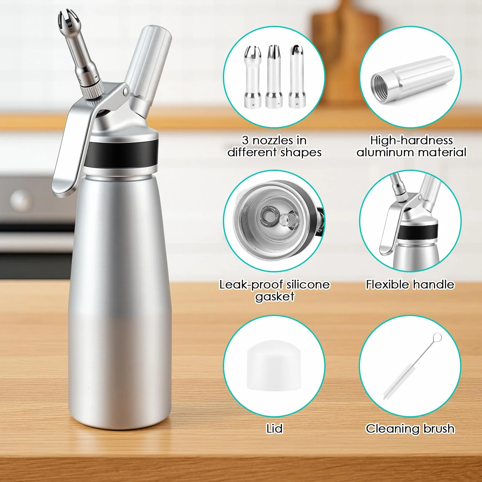 Syfon aluminiowy dozownik śmietany 500 ml z 3 dyszami ze stali nierdzewnej