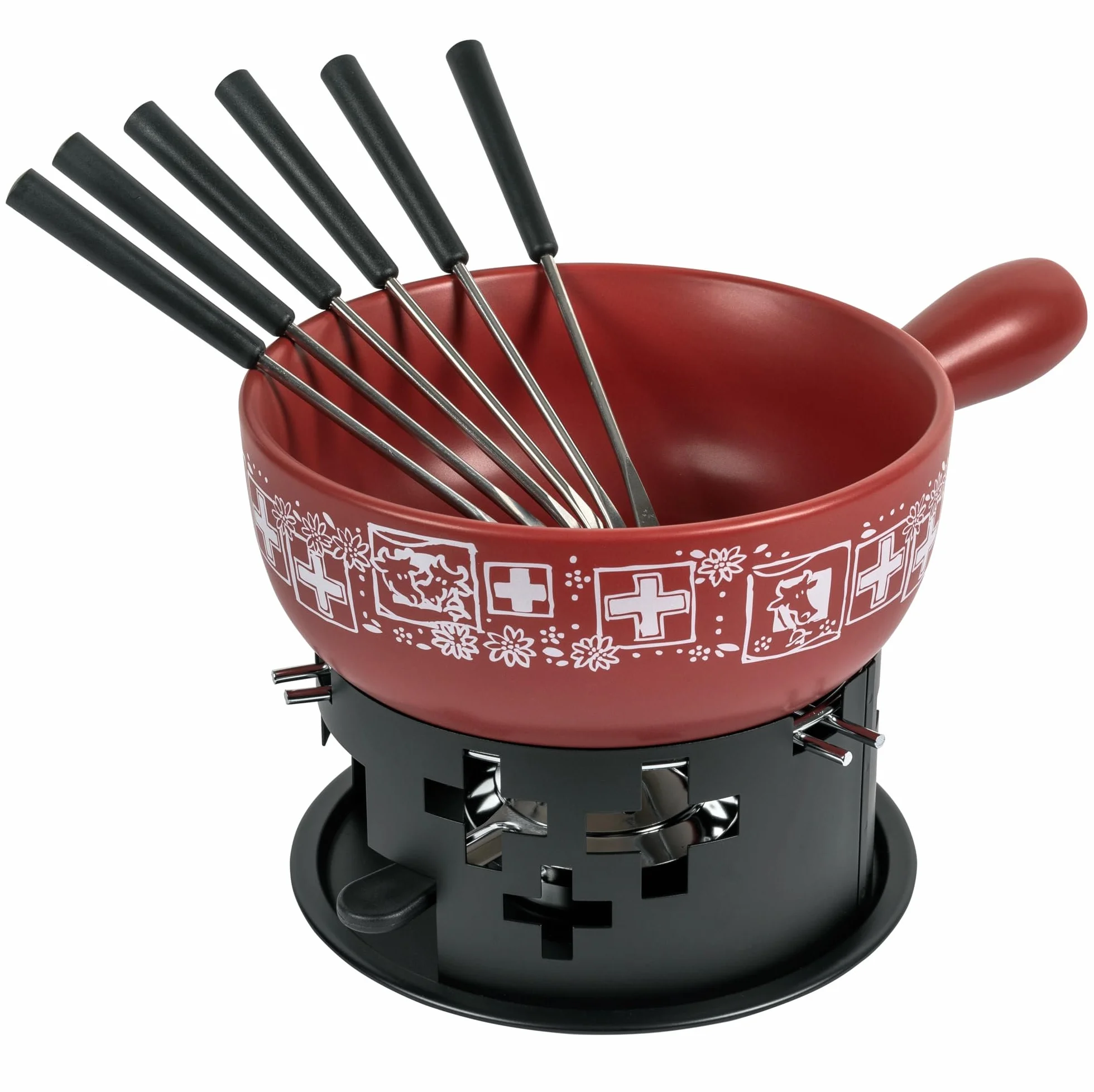 KUHN RIKON Zestaw do fondue serowego Suisse czerwony · Ø 23 cm, 2,6 litra, idealny dla 4-6 osób, w zestawie 6 widelców i palnik do pasty (bez pasty palnej)