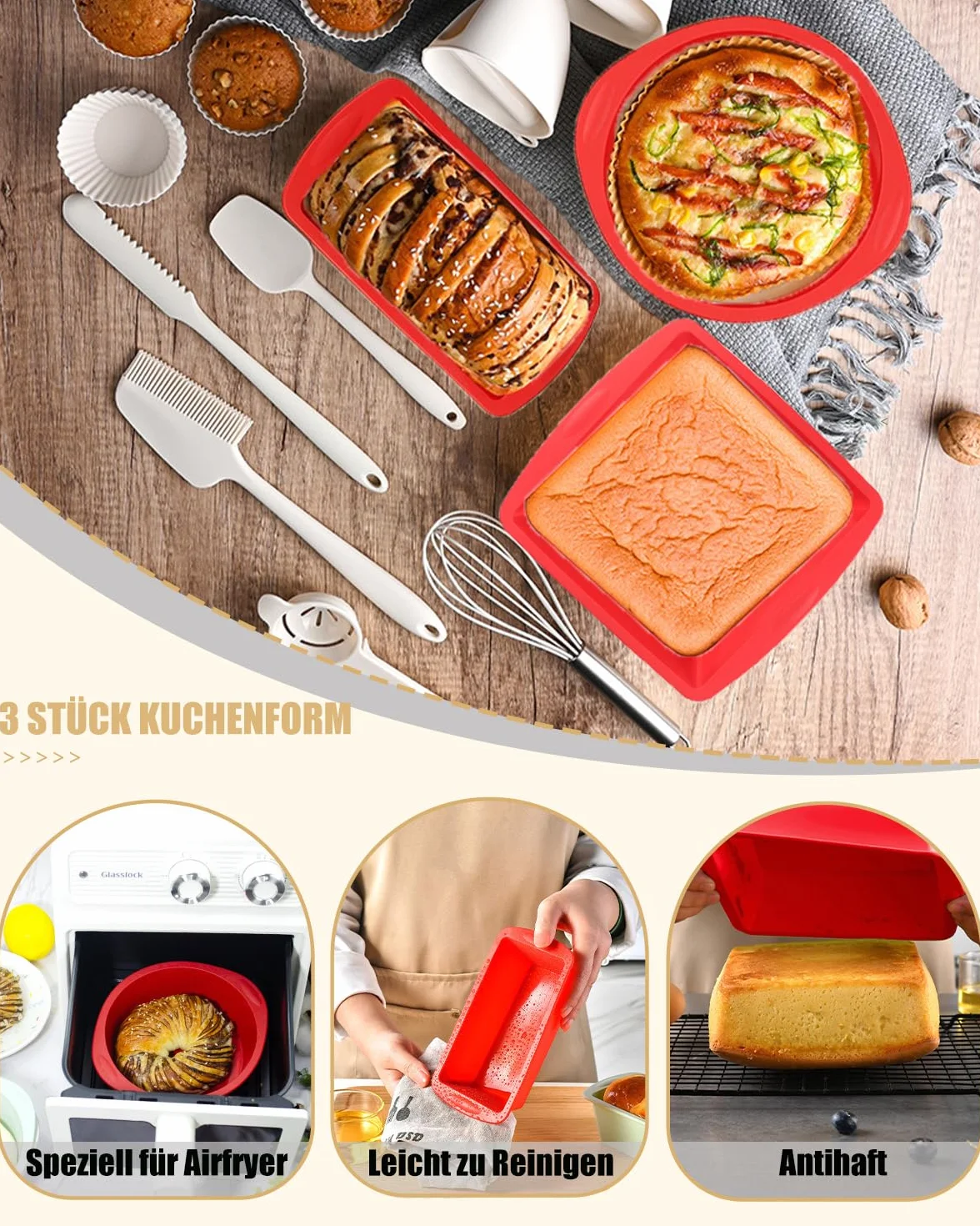 Silikonowa forma do ciasta, 3 sztuki, zestaw silikonowych form do pieczenia, odporna na wysokie temperatury, forma do pieczenia ciast, chleba, quiche (czerwona, kwadratowa)