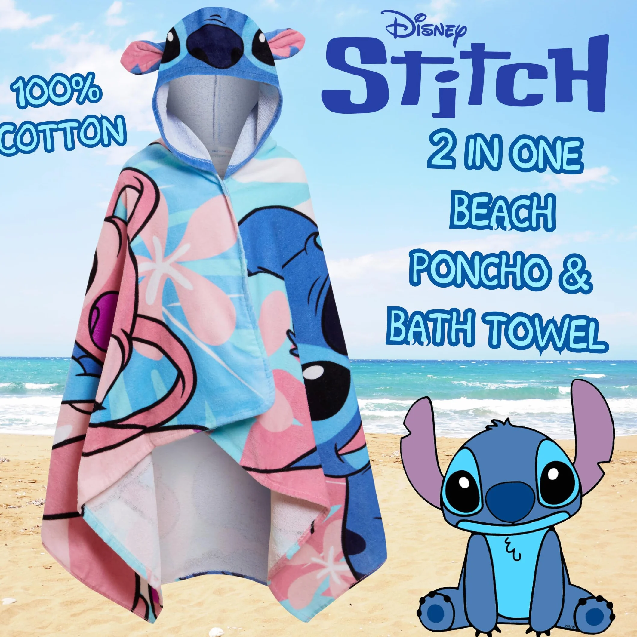 Ręcznik z kapturem Disney Stitch Angel Poncho 100% bawełny Ręcznik plażowy dla dzieci Ręcznik kąpielowy Szlafrok kąpielowy dla dzieci