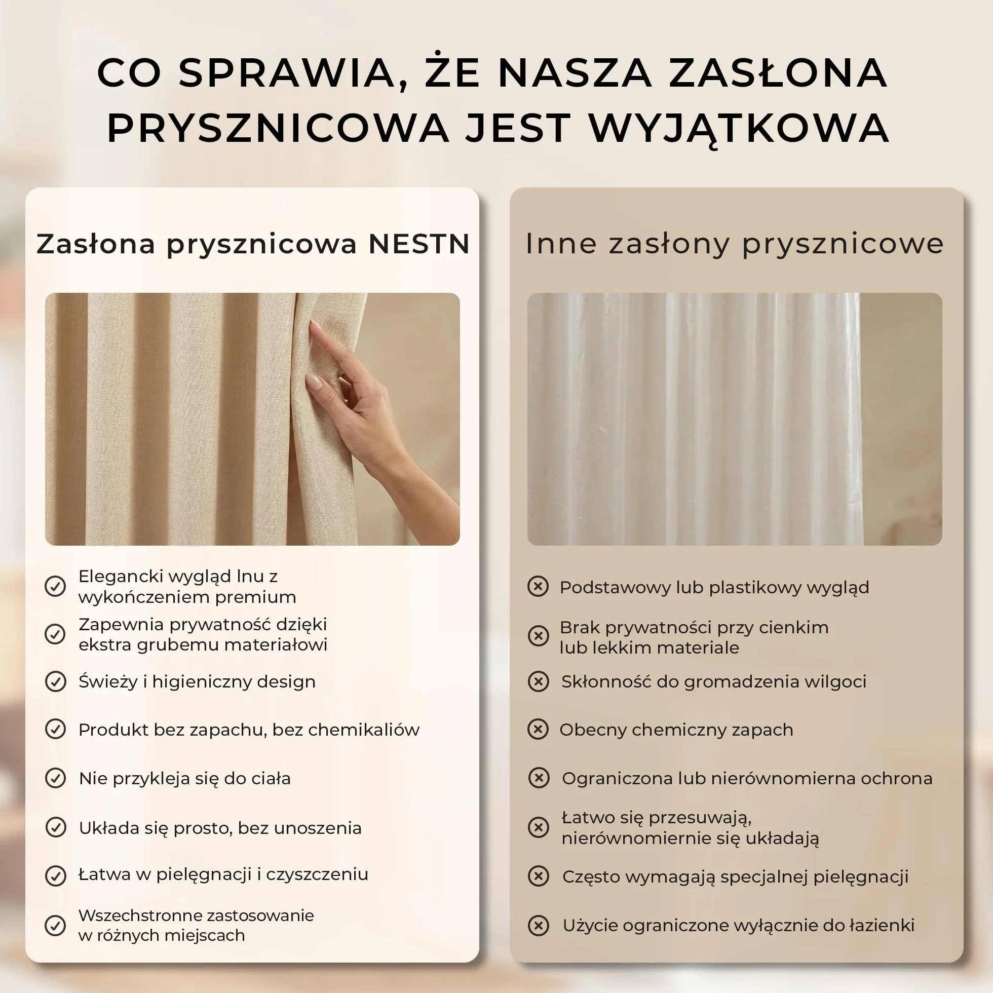 Zasłona Prysznicowa 180x180 cm Beżowa Wodoodporna Odporna na Pleśń z 12 Oczkami i Obciążnikiem NESTN