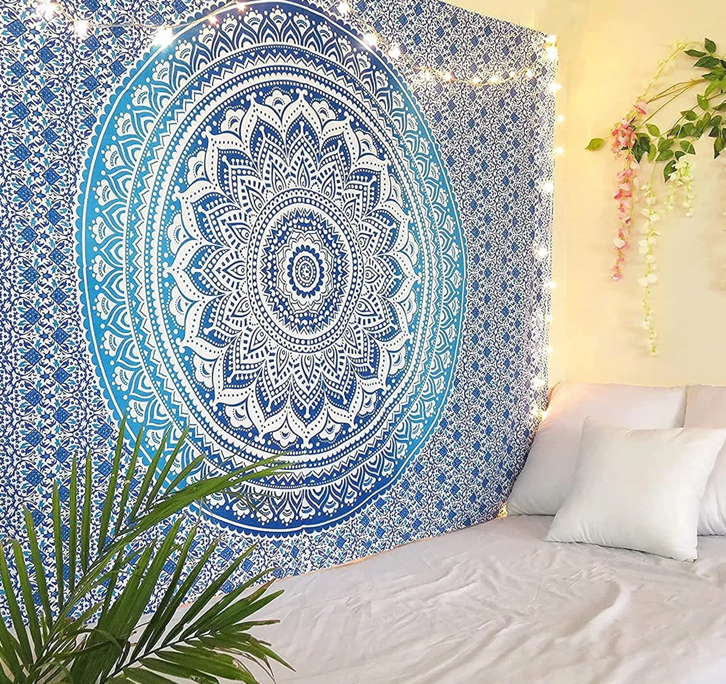 Dywan ścienny, mandala, niebieski, 228 x 213 cm – hipisowski ombre, dekoracyjny, duża ozdoba na ścianę, dywan na ścianę w stylu indyjskim, boho, Goa, makata ścienna do salonu, sypialni, dywan ścienny