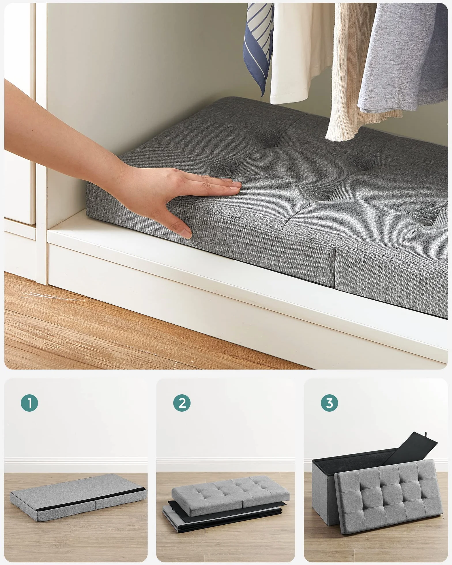 SONGMICS Ławka z miejscem do przechowywania 300 kg 80L 38x76x38 cm tkanina lniana jasnoszara LSF41G