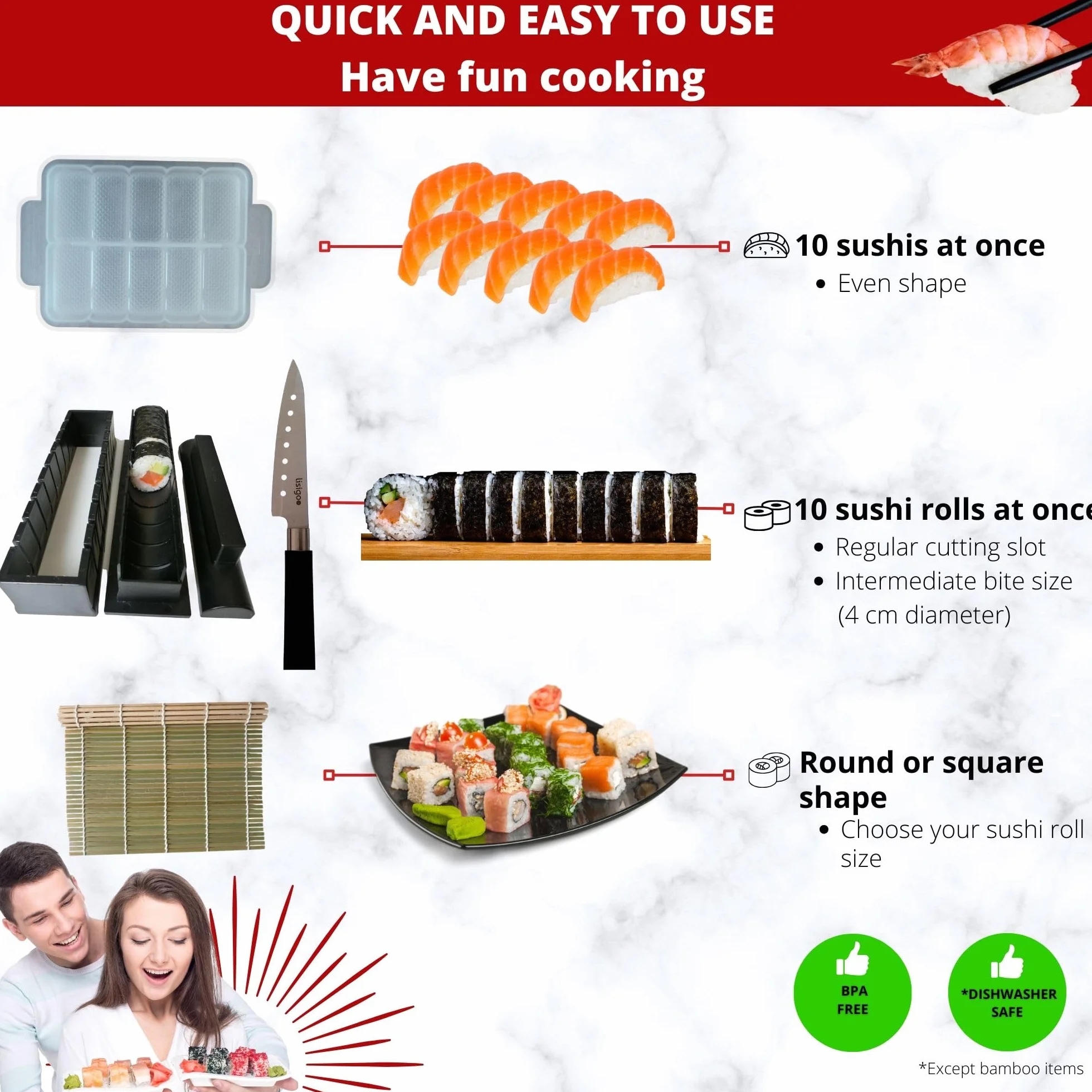 Kompletny zestaw do robienia sushi maki – zestaw do robienia sushi makis – pudełko z bambusową matą, japoński nóż, pałeczki, forma do maki, nie zawiera BPA, pomysł na prezent dla mężczyzn i kobiet