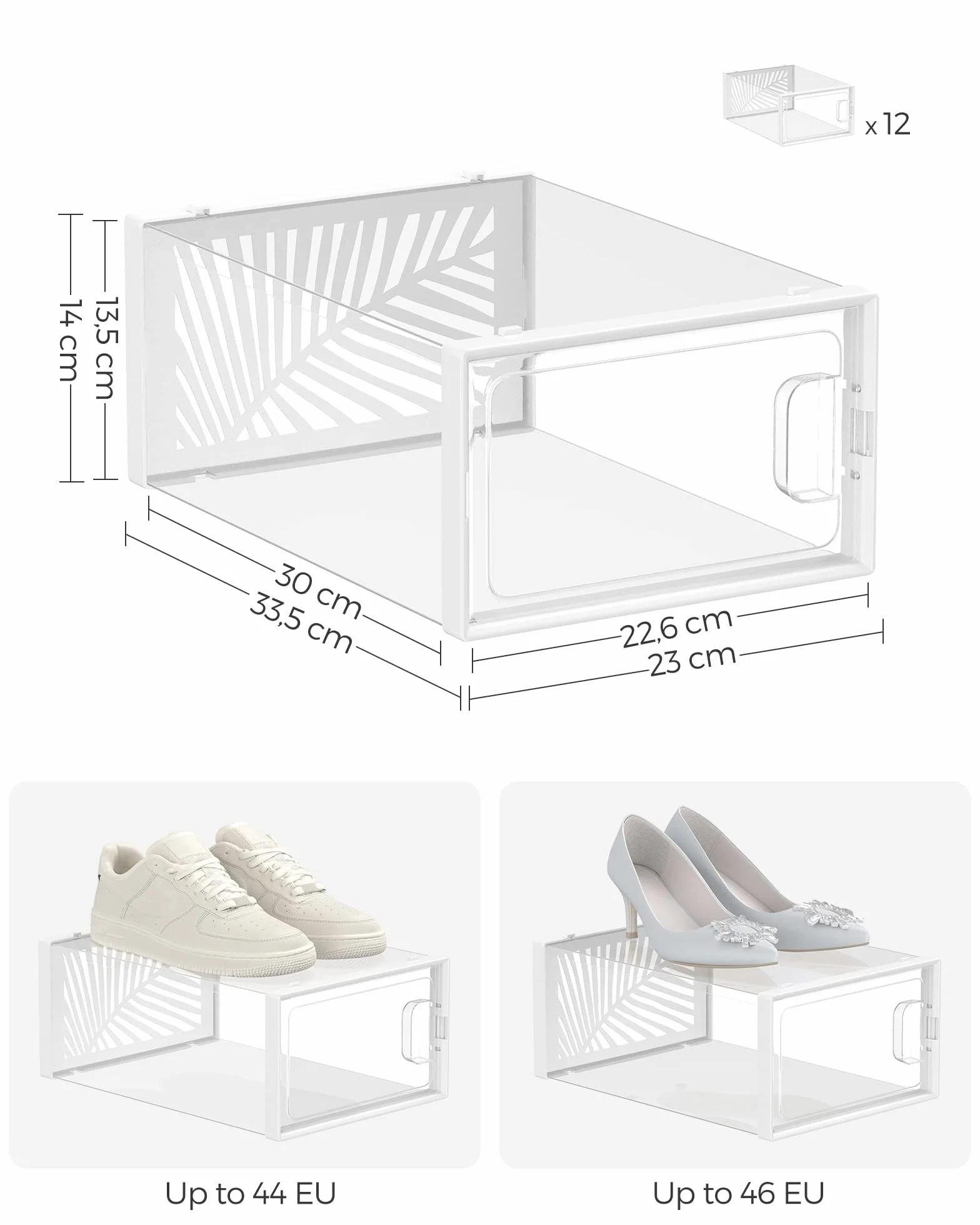 SONGMICS Organizer na Buty, Zestaw 12 Pudełek, Składany Transparentny Biały, LSP106W12