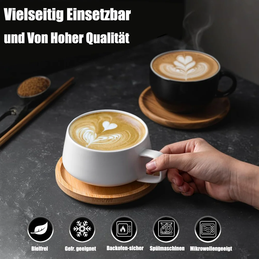 VETIN komplet filiżanek do cappuccino porcelanowych marmurowych 300 ml z drewnianym krążkiem 4 sztuki