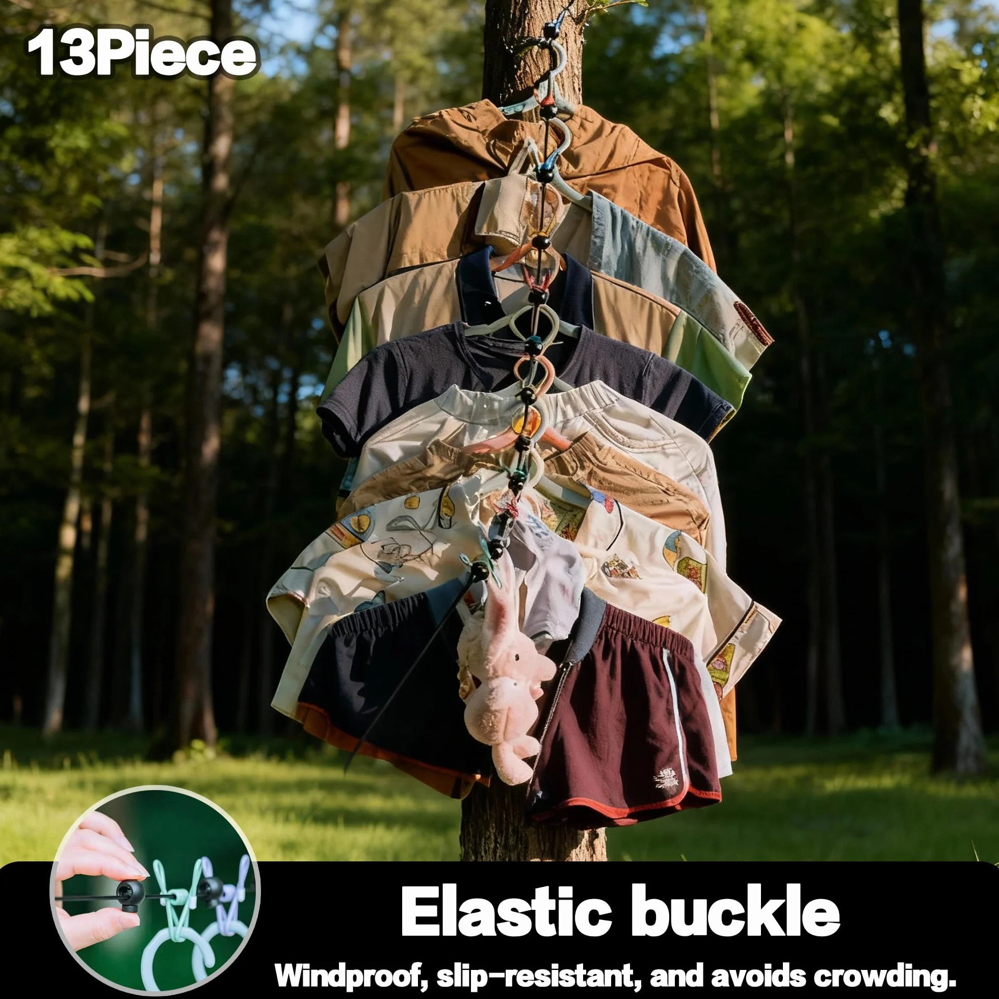 Przenośna podróżna linka do suszenia prania, outdoor zwijana, z 12 klipsami i 13 klamrami pozycjonującymi, na podróż, urlop, outdoor kemping, 180-360 cm