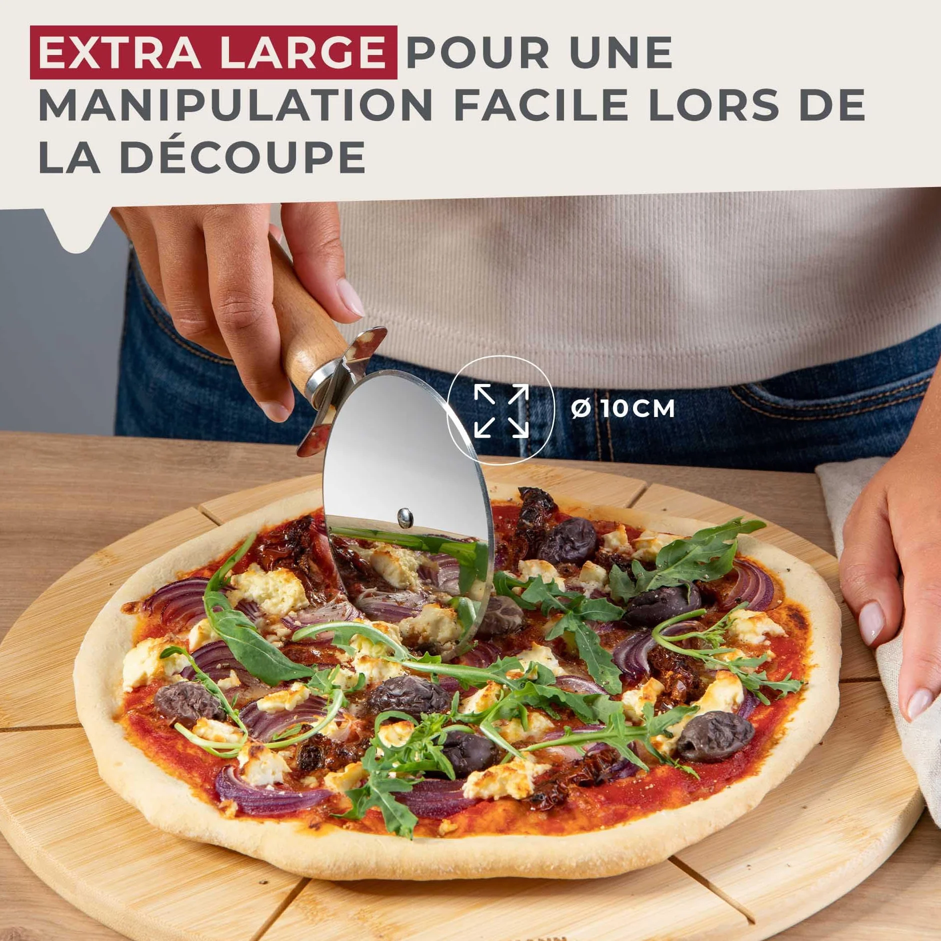 Fackelmann Nóż do pizzy XXL do pizzy i tart – koło do pizzy z ostrym ostrzem ze stali nierdzewnej – wałek do pizzy z ergonomicznym uchwytem z drewna bukowego – ok. 23 cm