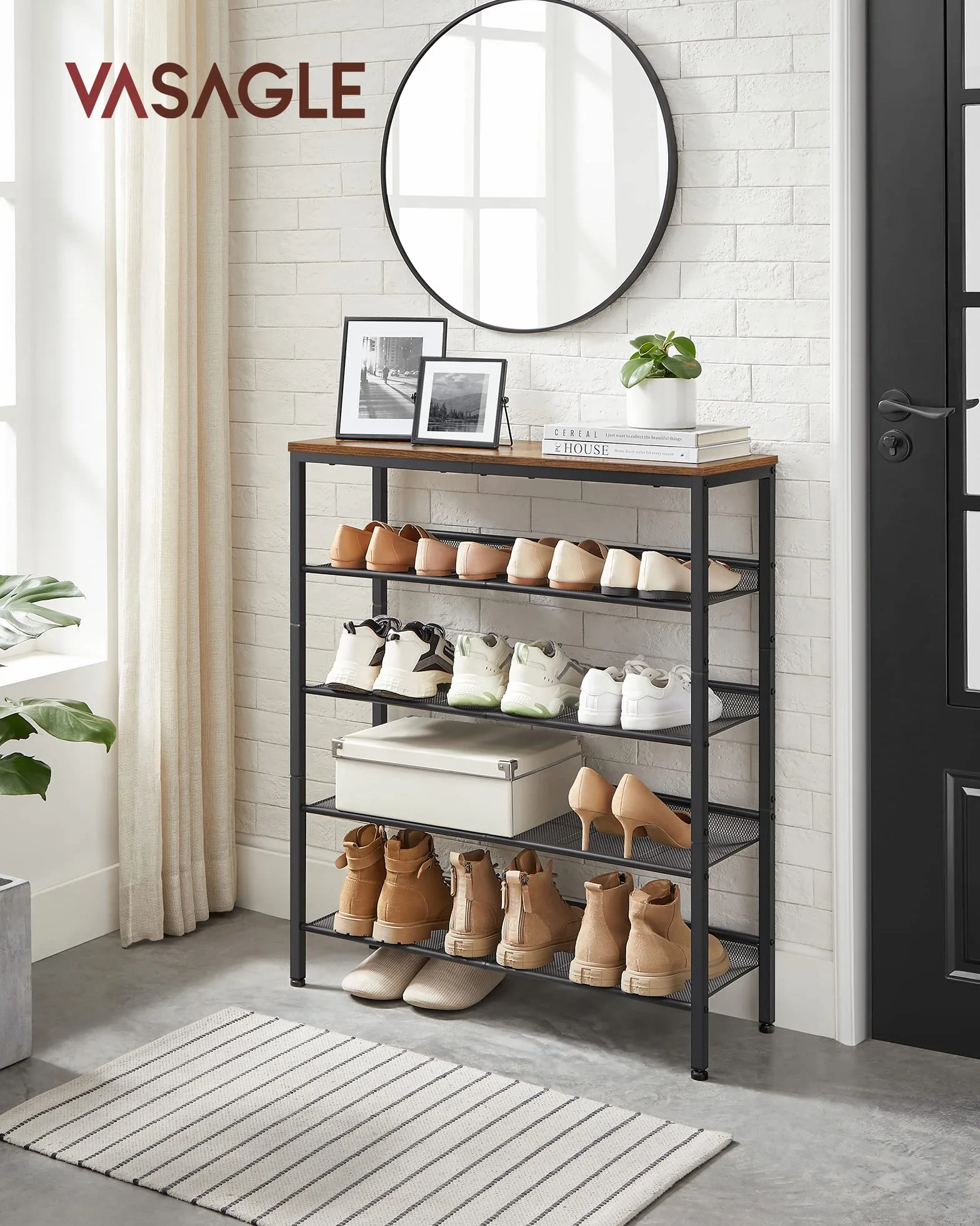 VASAGLE 5-warstwowy regał na buty, wysoki organizer na buty z 4 półkami z siatki i dużą górną częścią do toreb, oszczędność miejsca, do przedpokoju, stali, przemysłu, rustykalny brązowy i czarny