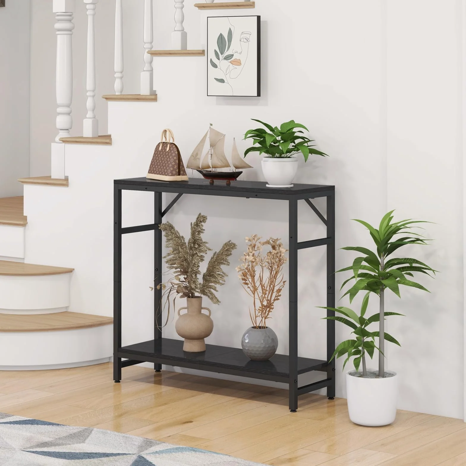 Livofloral Wąski stolik konsolowy 2-poziomowy 75x24x75 cm czarny