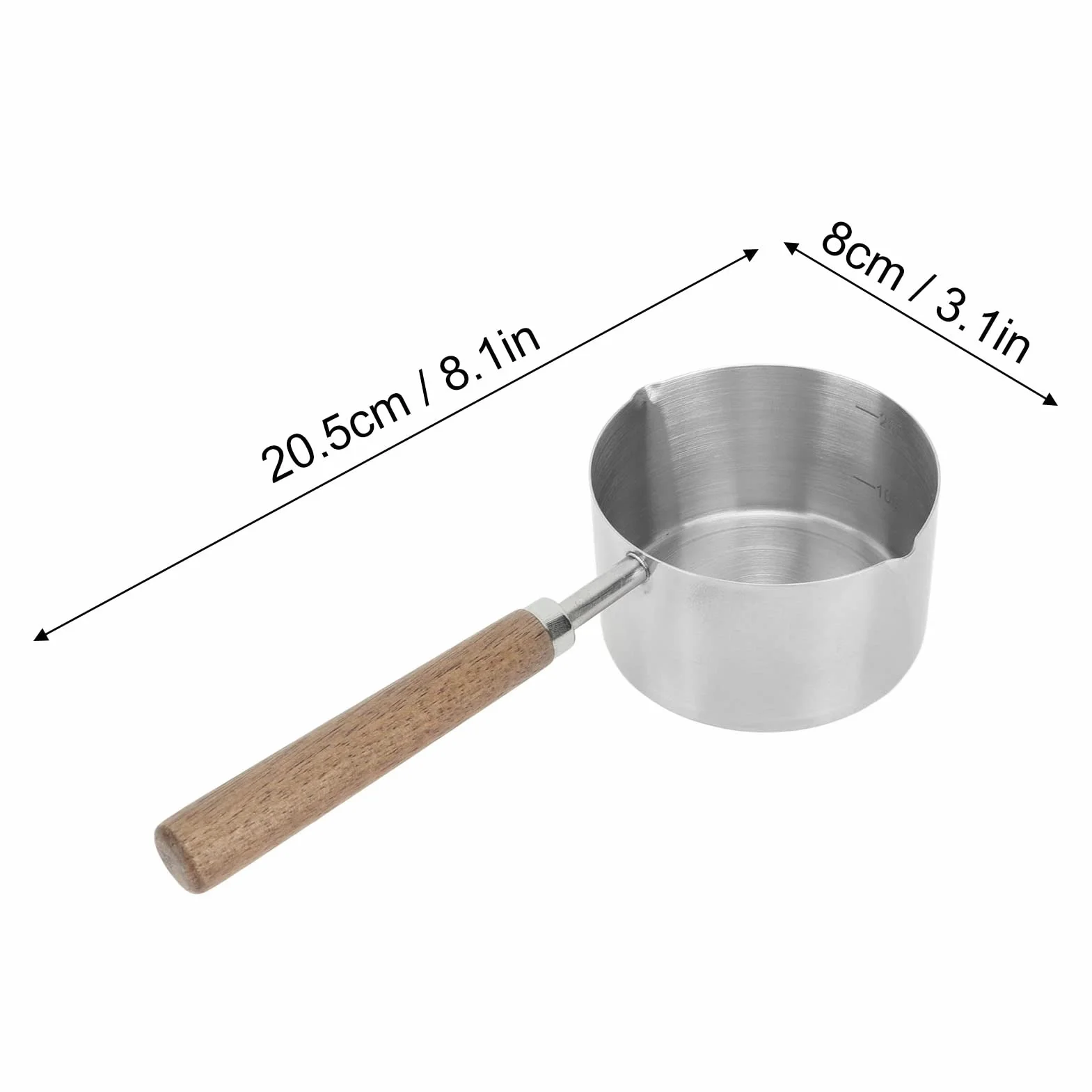 Tissting Patelnia na mleko, 200 ml, stal nierdzewna 304, 7,6 cm, mini garnek do topienia masła z drewnianym uchwytem, masło na mleko, do kuchenki gazowej, 200 ml