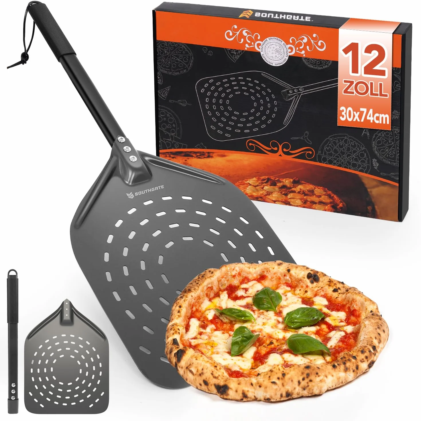 SOUTHGATE Łopatka do pizzy 30 cm (12 cali), perforowana łopata do pizzy z anodyzowanego aluminium, z silikonowym zdejmowanym uchwytem, łopatka do pizzy do chleba pizzy, 30 x 35 cm