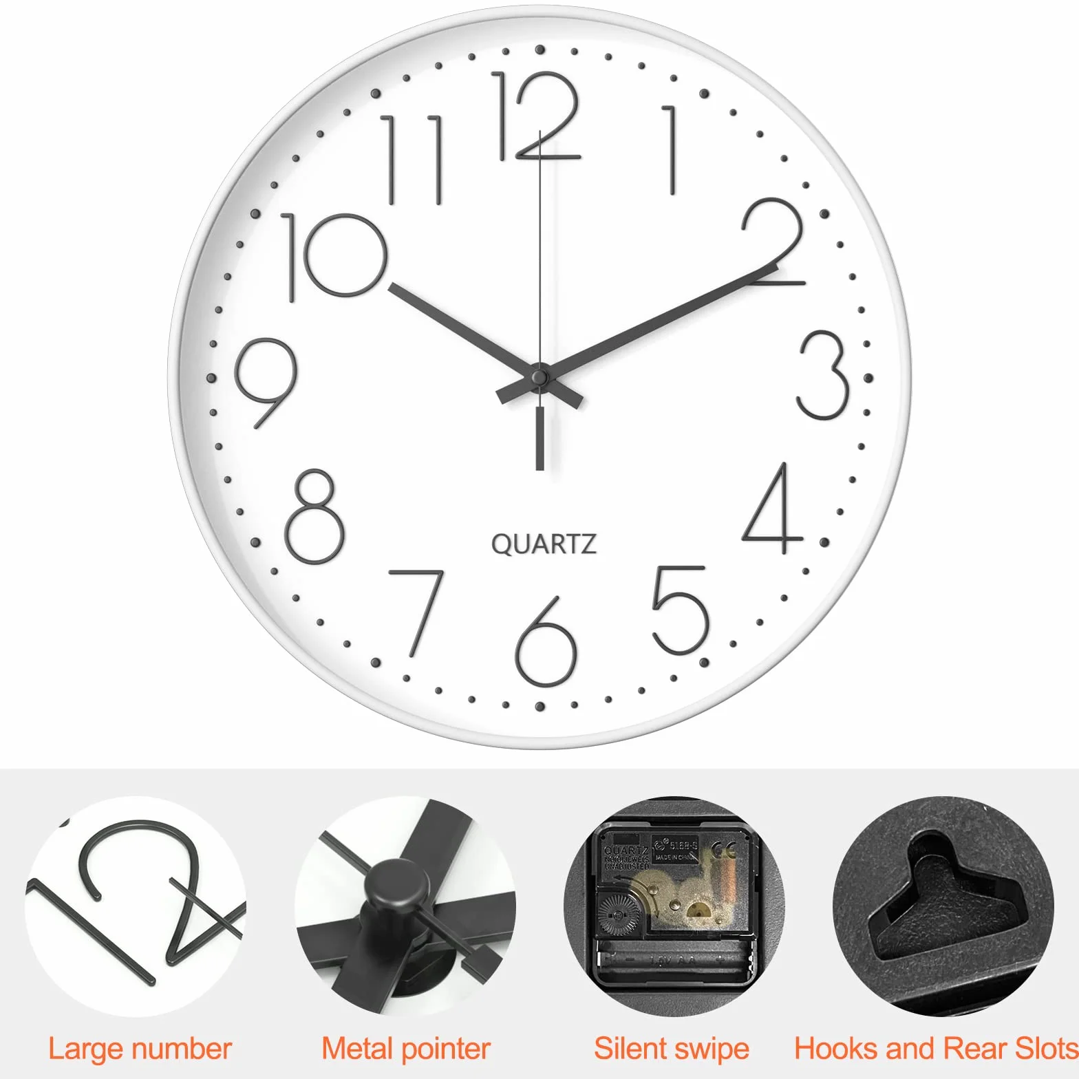 Mesybveo Zegar ścienny 30 cm (12 cali) nowoczesny cichy zegar ścienny, cichy mechanizm kwarcowy, nowoczesny, minimalistyczny design, czarny, do salonu, kuchni, biura, sypialni (biały)