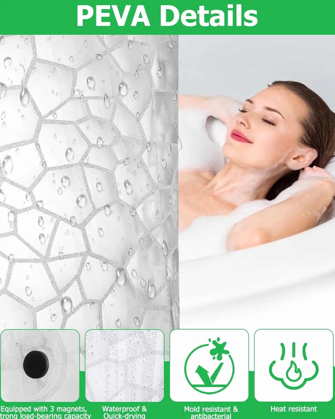 Zasłona prysznicowa przeciw pleśni 180x200cm, zasłona prysznicowa EVA, półprzezroczysta, gruba, zmywalna zasłona prysznicowa 3D Water Cube, wodoodporna, z 12 haczykami, pod prysznic lub do wanny