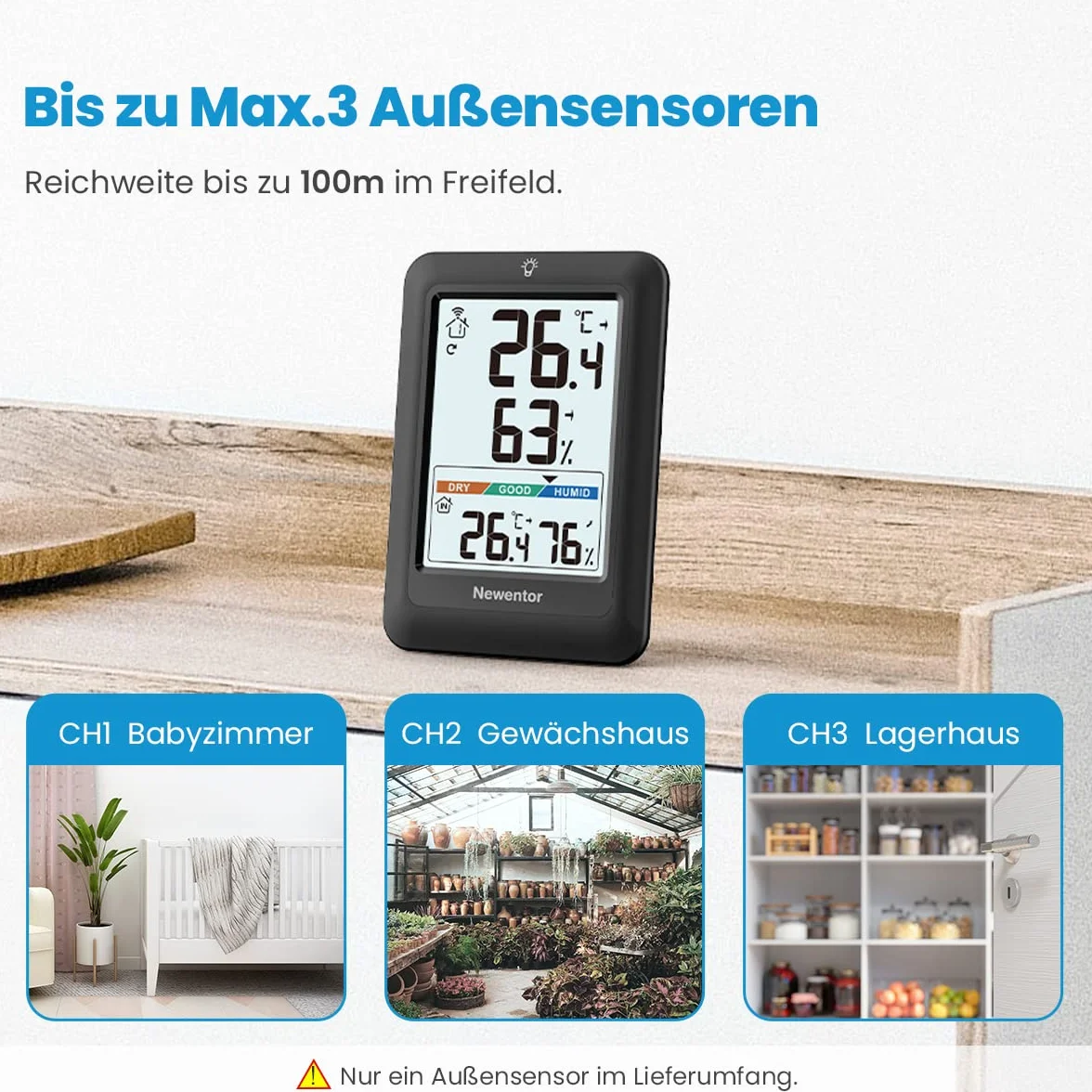 Newentor MAX MIN termometr do użytku wewnątrz i na zewnątrz, 24/48 godz., higrometr, miernik wilgotności powietrza z komfortem powietrza, stacja pogodowa, radiowa z czujnikiem zewnętrznym, termometr