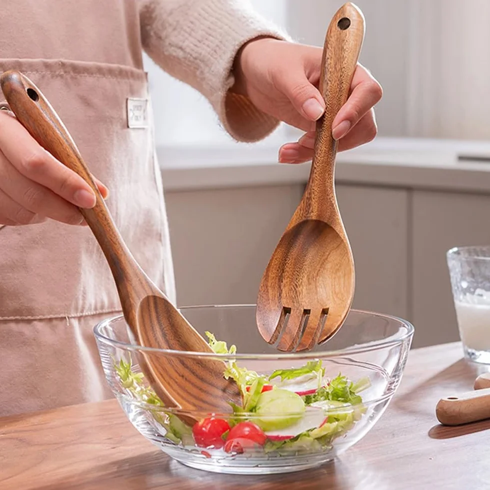 2 sztuki drewnianych sztućców do sałatek – 26 cm, drewniane łyżki do serwowania, zestaw sałatek, kolacji, widelec i łyżka, długi uchwyt, szczypce do sałaty